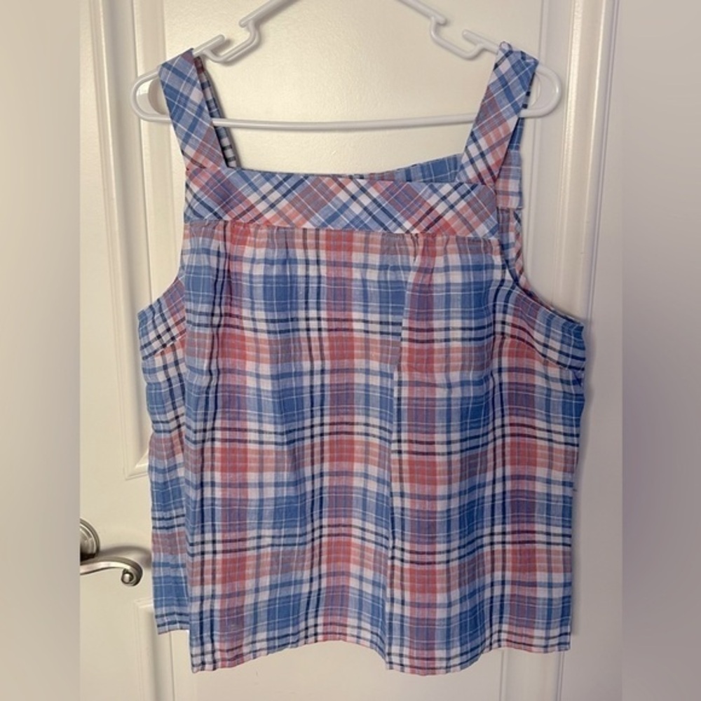 Talbots Petite Linen Square Neck Paradise Plaid Top